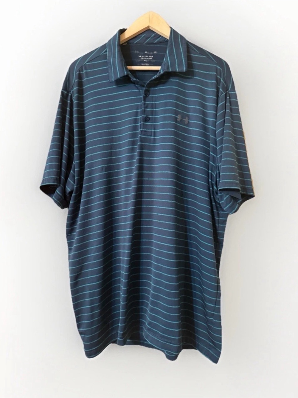 Under Armour Heat gear blue with green striped playoff polo shirt